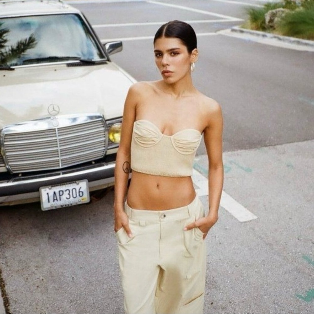 Zara Linen Blend Cropped Smocked Bustier Top